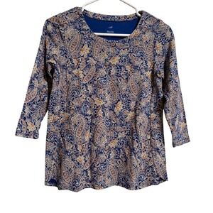J. Jill Pima Cotton Paisley 3/4 Sleeve Scoop Neck Tee Blue Petite XS